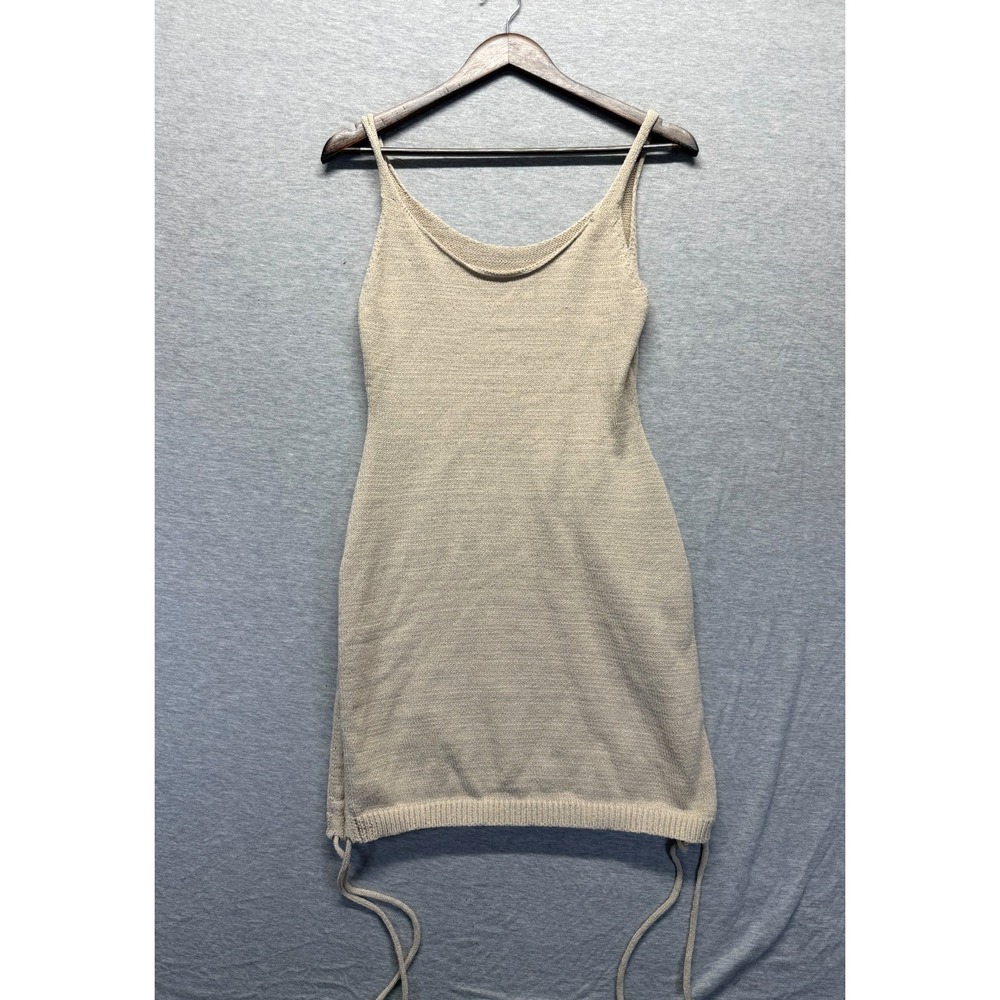 Womens Knitted Mini Dress Medium Beige Scoop Neck Cami Straps Tie Side Detail
